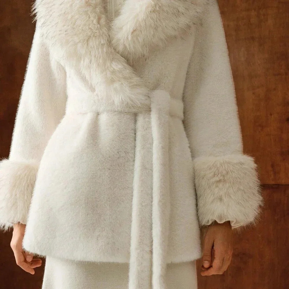 White Casual Women's Faux Fur Panel Waterfall Collar Belted Coat - Picture 2 of 9